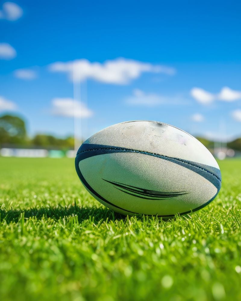 picture of a rugby ball on a green artificial grass rugby pitch installed in Arizona by Coyote Sports Turf